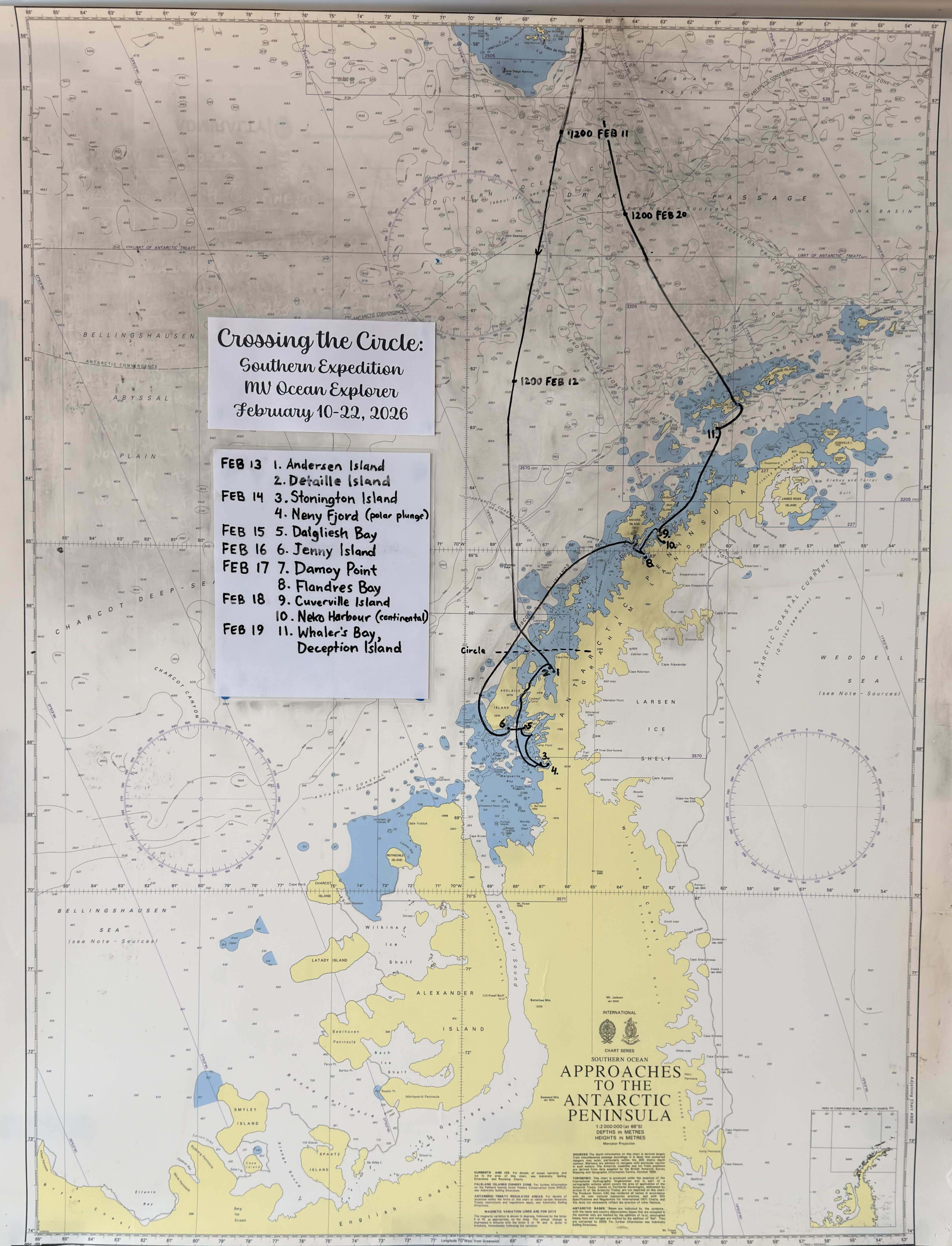 Hand-plotted route on Admiralty chart — Approaches to the Antarctic Peninsula